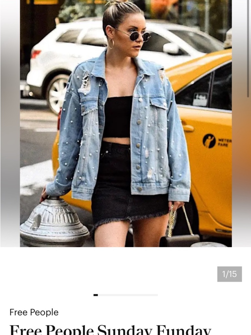 Free People Pearl-Embellished Denim Jacket With Distressing. Oversize fit.